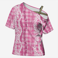Hawaiian Ohia Lehua Lei Cross Shoulder Shirt Plaid Palaka Akala Pattern LT9 Female Pink - Polynesian Pride