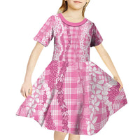 Hawaiian Ohia Lehua Lei Kid Short Sleeve Dress Plaid Palaka Akala Pattern LT9 - Polynesian Pride