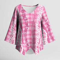 Hawaiian Ohia Lehua Lei Kimono Sleeve Blouse Plaid Palaka Akala Pattern LT9 Female Pink - Polynesian Pride