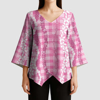 Hawaiian Ohia Lehua Lei Kimono Sleeve Blouse Plaid Palaka Akala Pattern LT9 - Polynesian Pride