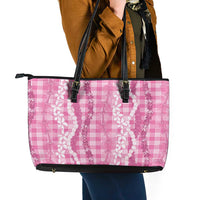 Hawaiian Ohia Lehua Lei Leather Tote Bag Plaid Palaka Akala Pattern LT9 - Polynesian Pride