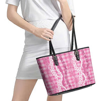 Hawaiian Ohia Lehua Lei Leather Tote Bag Plaid Palaka Akala Pattern LT9 - Polynesian Pride