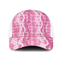 Hawaiian Ohia Lehua Lei Mesh Trucker Cap Plaid Palaka Akala Pattern LT9 One Size White Pink - Polynesian Pride