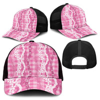 Hawaiian Ohia Lehua Lei Mesh Trucker Cap Plaid Palaka Akala Pattern - Polynesian Pride