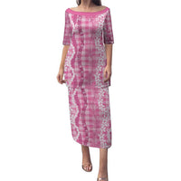 Hawaiian Ohia Lehua Lei Puletasi Plaid Palaka Akala Pattern LT9 Long Dress Pink - Polynesian Pride