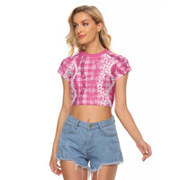 Hawaiian Ohia Lehua Lei Raglan Cropped T Shirt Plaid Palaka Akala Pattern LT9 Female Pink - Polynesian Pride