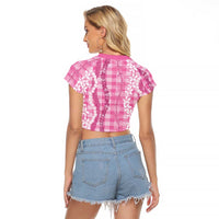 Hawaiian Ohia Lehua Lei Raglan Cropped T Shirt Plaid Palaka Akala Pattern LT9 - Polynesian Pride