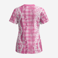 Hawaiian Ohia Lehua Lei Scrub Top Plaid Palaka Akala Pattern LT9 - Polynesian Pride