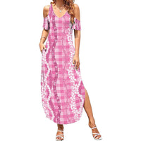 Hawaiian Ohia Lehua Lei Summer Maxi Dress Plaid Palaka Akala Pattern LT9 Women Pink - Polynesian Pride