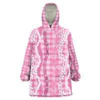 Hawaiian Ohia Lehua Lei Wearable Blanket Hoodie Plaid Palaka Akala Pattern LT9 One Size Pink - Polynesian Pride