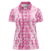 Hawaiian Ohia Lehua Lei Women Polo Shirt Plaid Palaka Akala Pattern LT9 Female Pink - Polynesian Pride