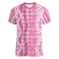 Hawaiian Ohia Lehua Lei Women V-Neck T-Shirt Plaid Palaka Akala Pattern - Polynesian Pride