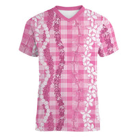 Hawaiian Ohia Lehua Lei Women V-Neck T-Shirt Plaid Palaka Akala Pattern LT9 Female Pink - Polynesian Pride
