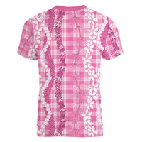 Hawaiian Ohia Lehua Lei Women V-Neck T-Shirt Plaid Palaka Akala Pattern LT9 - Polynesian Pride