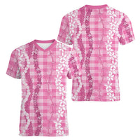 Hawaiian Ohia Lehua Lei Women V-Neck T-Shirt Plaid Palaka Akala Pattern LT9 - Polynesian Pride