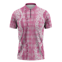 Hawaiian Ohia Lehua Lei Zipper Polo Shirt Plaid Palaka Akala Pattern LT9 Pink - Polynesian Pride