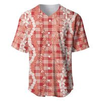 Hawaiian Ohia Lehua Lei Baseball Jersey Plaid Palaka Ulaula Pattern LT9 Red - Polynesian Pride