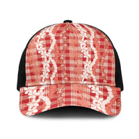 Hawaiian Ohia Lehua Lei Baseball Net Cap Plaid Palaka Ulaula Pattern LT9 One Size Black Red - Polynesian Pride