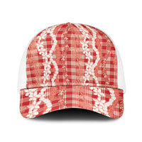 Hawaiian Ohia Lehua Lei Baseball Net Cap Plaid Palaka Ulaula Pattern - Polynesian Pride