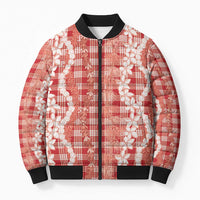 Hawaiian Ohia Lehua Lei Bomber Puffer Jacket Plaid Palaka Ulaula Pattern LT9 Unisex Red - Polynesian Pride