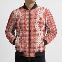 Hawaiian Ohia Lehua Lei Bomber Puffer Jacket Plaid Palaka Ulaula Pattern LT9 - Polynesian Pride