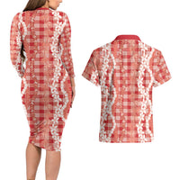 Hawaiian Ohia Lehua Lei Couples Matching Long Sleeve Bodycon Dress and Hawaiian Shirt Plaid Palaka Ulaula Pattern - Polynesian Pride