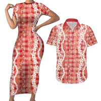 Hawaiian Ohia Lehua Lei Couples Matching Short Sleeve Bodycon Dress and Hawaiian Shirt Plaid Palaka Ulaula Pattern - Polynesian Pride