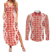 Hawaiian Ohia Lehua Lei Couples Matching Summer Maxi Dress and Long Sleeve Button Shirt Plaid Palaka Ulaula Pattern LT9 Red - Polynesian Pride