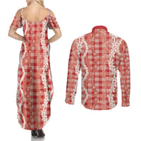 Hawaiian Ohia Lehua Lei Couples Matching Summer Maxi Dress and Long Sleeve Button Shirt Plaid Palaka Ulaula Pattern LT9 - Polynesian Pride