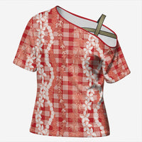 Hawaiian Ohia Lehua Lei Cross Shoulder Shirt Plaid Palaka Ulaula Pattern LT9 Female Red - Polynesian Pride