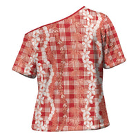 Hawaiian Ohia Lehua Lei Cross Shoulder Shirt Plaid Palaka Ulaula Pattern LT9 - Polynesian Pride