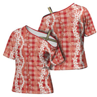 Hawaiian Ohia Lehua Lei Cross Shoulder Shirt Plaid Palaka Ulaula Pattern LT9 - Polynesian Pride