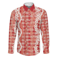 Hawaiian Ohia Lehua Lei Family Matching Long Sleeve Bodycon Dress and Hawaiian Shirt Plaid Palaka Ulaula Pattern - Polynesian Pride