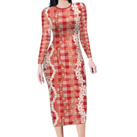 Hawaiian Ohia Lehua Lei Family Matching Long Sleeve Bodycon Dress and Hawaiian Shirt Plaid Palaka Ulaula Pattern - Polynesian Pride