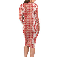 Hawaiian Ohia Lehua Lei Family Matching Long Sleeve Bodycon Dress and Hawaiian Shirt Plaid Palaka Ulaula Pattern - Polynesian Pride