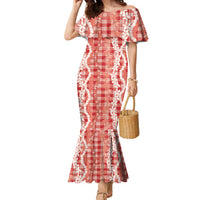 Hawaiian Ohia Lehua Lei Family Matching Mermaid Dress and Hawaiian Shirt Plaid Palaka Ulaula Pattern - Polynesian Pride