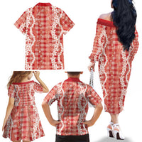 Hawaiian Ohia Lehua Lei Family Matching Off The Shoulder Long Sleeve Dress and Hawaiian Shirt Plaid Palaka Ulaula Pattern - Polynesian Pride