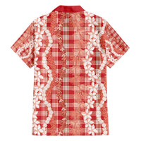 Hawaiian Ohia Lehua Lei Family Matching Off The Shoulder Long Sleeve Dress and Hawaiian Shirt Plaid Palaka Ulaula Pattern - Polynesian Pride