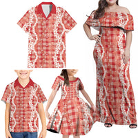 Hawaiian Ohia Lehua Lei Family Matching Off Shoulder Maxi Dress and Hawaiian Shirt Plaid Palaka Ulaula Pattern - Polynesian Pride