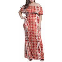 Hawaiian Ohia Lehua Lei Family Matching Off Shoulder Maxi Dress and Hawaiian Shirt Plaid Palaka Ulaula Pattern - Polynesian Pride
