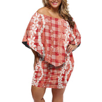 Hawaiian Ohia Lehua Lei Family Matching Off Shoulder Short Dress and Hawaiian Shirt Plaid Palaka Ulaula Pattern - Polynesian Pride