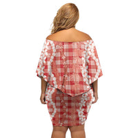 Hawaiian Ohia Lehua Lei Family Matching Off Shoulder Short Dress and Hawaiian Shirt Plaid Palaka Ulaula Pattern - Polynesian Pride