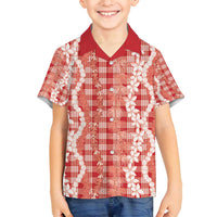 Hawaiian Ohia Lehua Lei Family Matching Off Shoulder Short Dress and Hawaiian Shirt Plaid Palaka Ulaula Pattern - Polynesian Pride
