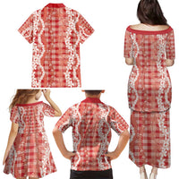 Hawaiian Ohia Lehua Lei Family Matching Puletasi and Hawaiian Shirt Plaid Palaka Ulaula Pattern - Polynesian Pride