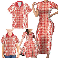 Hawaiian Ohia Lehua Lei Family Matching Short Sleeve Bodycon Dress and Hawaiian Shirt Plaid Palaka Ulaula Pattern - Polynesian Pride