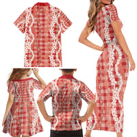 Hawaiian Ohia Lehua Lei Family Matching Short Sleeve Bodycon Dress and Hawaiian Shirt Plaid Palaka Ulaula Pattern - Polynesian Pride