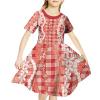 Hawaiian Ohia Lehua Lei Kid Short Sleeve Dress Plaid Palaka Ulaula Pattern LT9 - Polynesian Pride