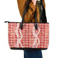 Hawaiian Ohia Lehua Lei Leather Tote Bag Plaid Palaka Ulaula Pattern LT9 - Polynesian Pride