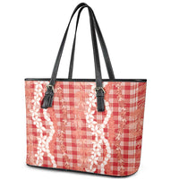Hawaiian Ohia Lehua Lei Leather Tote Bag Plaid Palaka Ulaula Pattern LT9 - Polynesian Pride