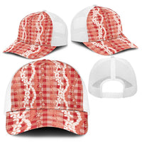 Hawaiian Ohia Lehua Lei Mesh Trucker Cap Plaid Palaka Ulaula Pattern - Polynesian Pride